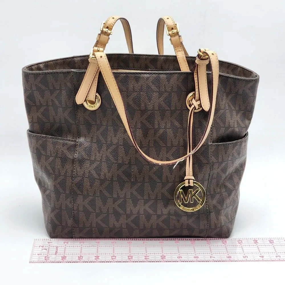 Michael Kors Coated Canvas Monogram MK Leather Trim Large Tote Bag Brown